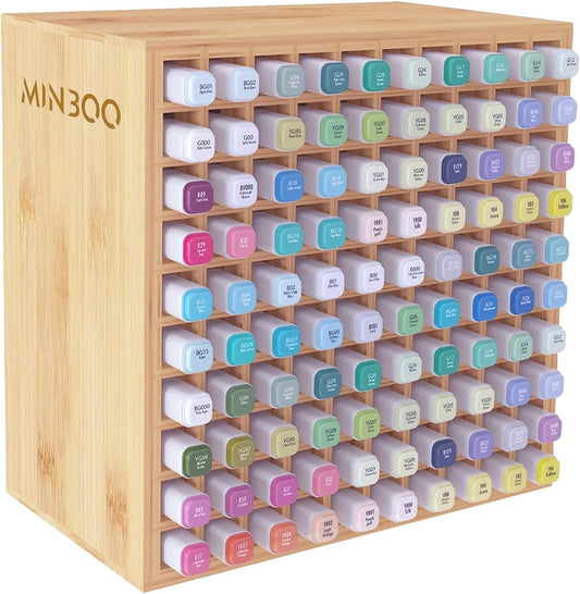 MinBoo Art Marker Storage Organizer for 100 Markers, Bamboo Art Supply Rack, Pens Color Pencils Paint Brushes Stationary Organizer Holder for Home Classroom Office Desk Decor