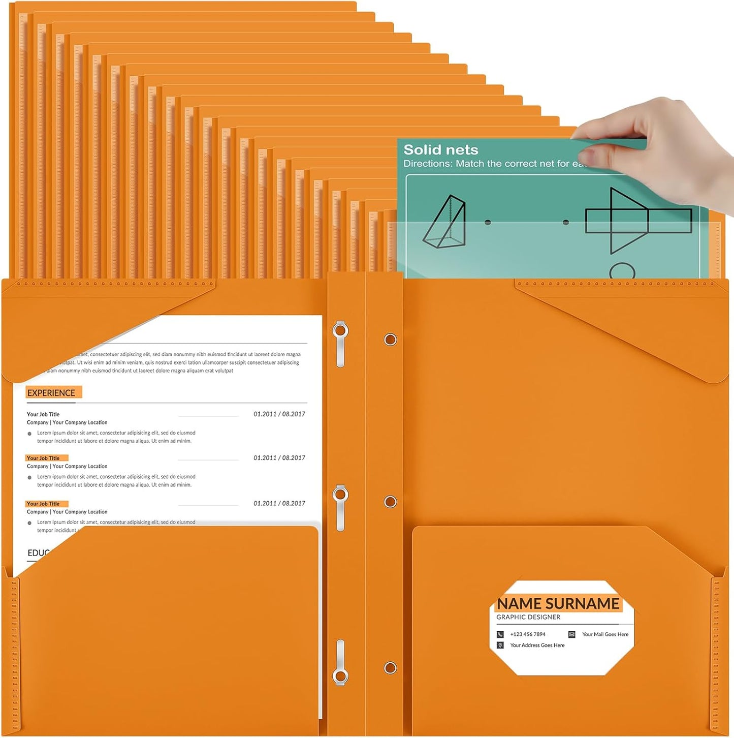 Henoyso 72 Pcs Plastic Folder with Clear Front Pocket and 3 Prong Plastic Folders with Card Slot Pocket Folders with Prongs for School Office (Orange)
