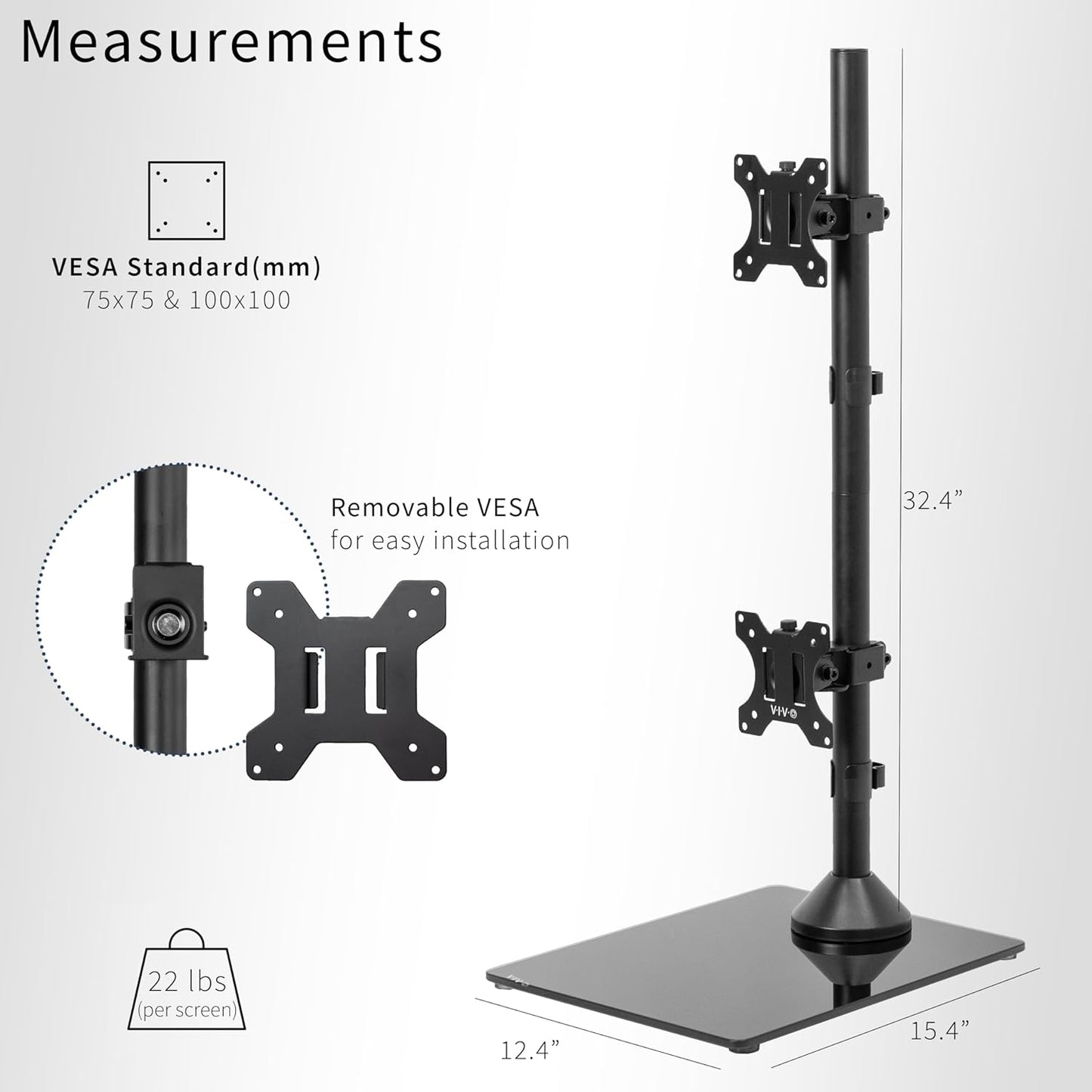 VIVO Dual Monitor Desk Stand with Tempered Glass Base, Free-Standing LCD Mount, Holds in Stacked Vertical Position 2 Ultrawide Screens up to 34 inches, Black, STAND-V002LG