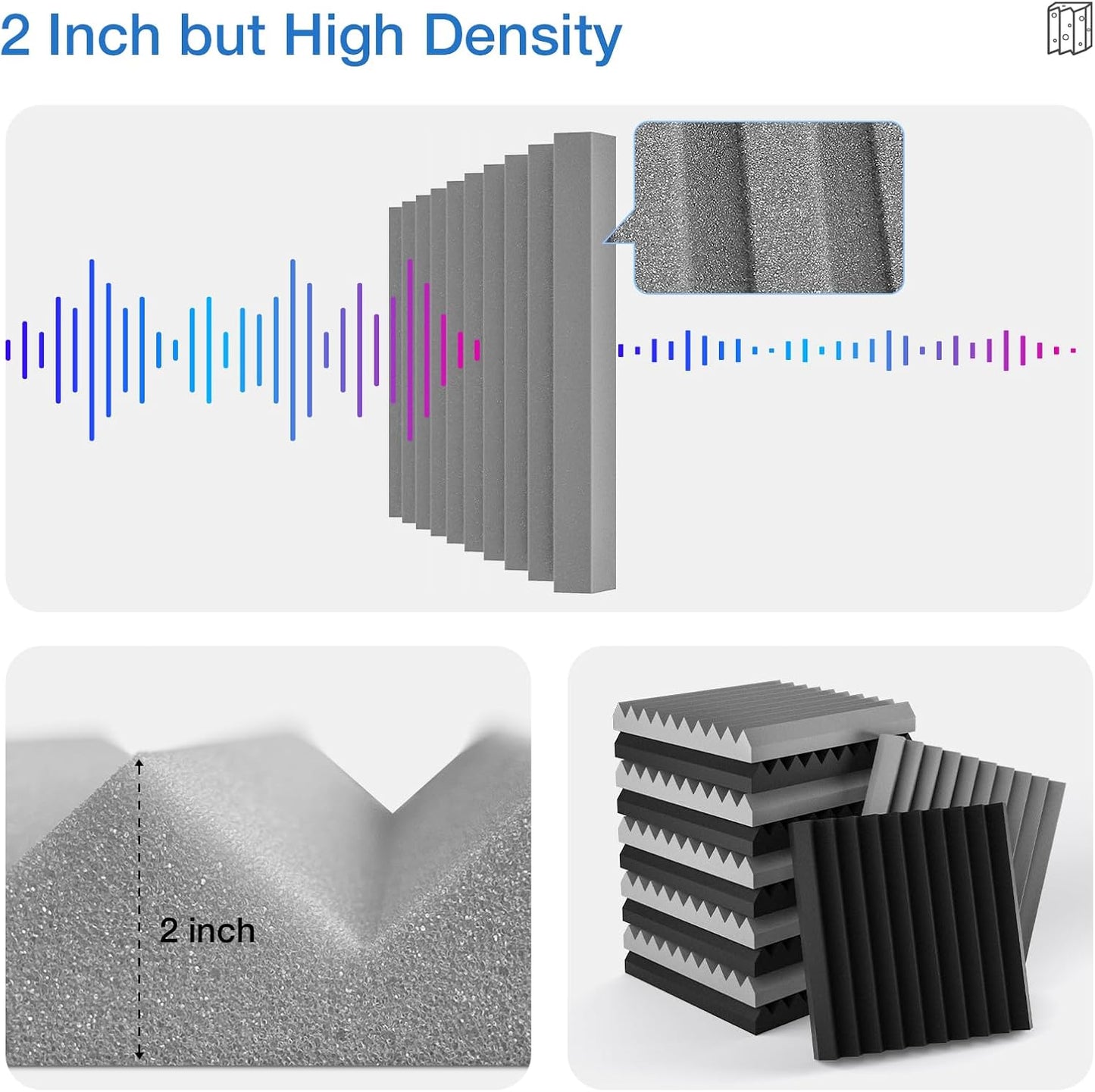 24 Pack Self-Adhesive Acoustic Panels - 2"X 12"X 12"Wall Panels - Quick-Recovery and High Density Sound Panels - Sound proof Acoustic Foam for Home Studio - Black and Gray