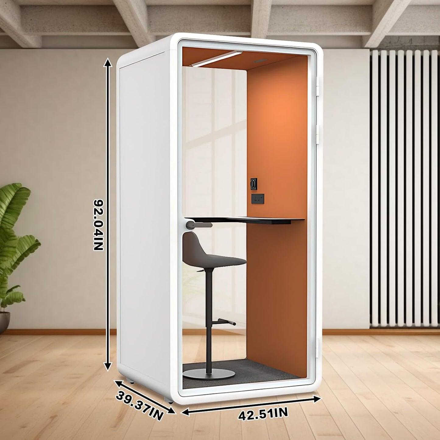 Office Sound Booth with Audio Privacy - Portable Soundproof Pod with Orange Interior,Phone Pod with Light,Ventilation,Socket for Phone,Singing,Work