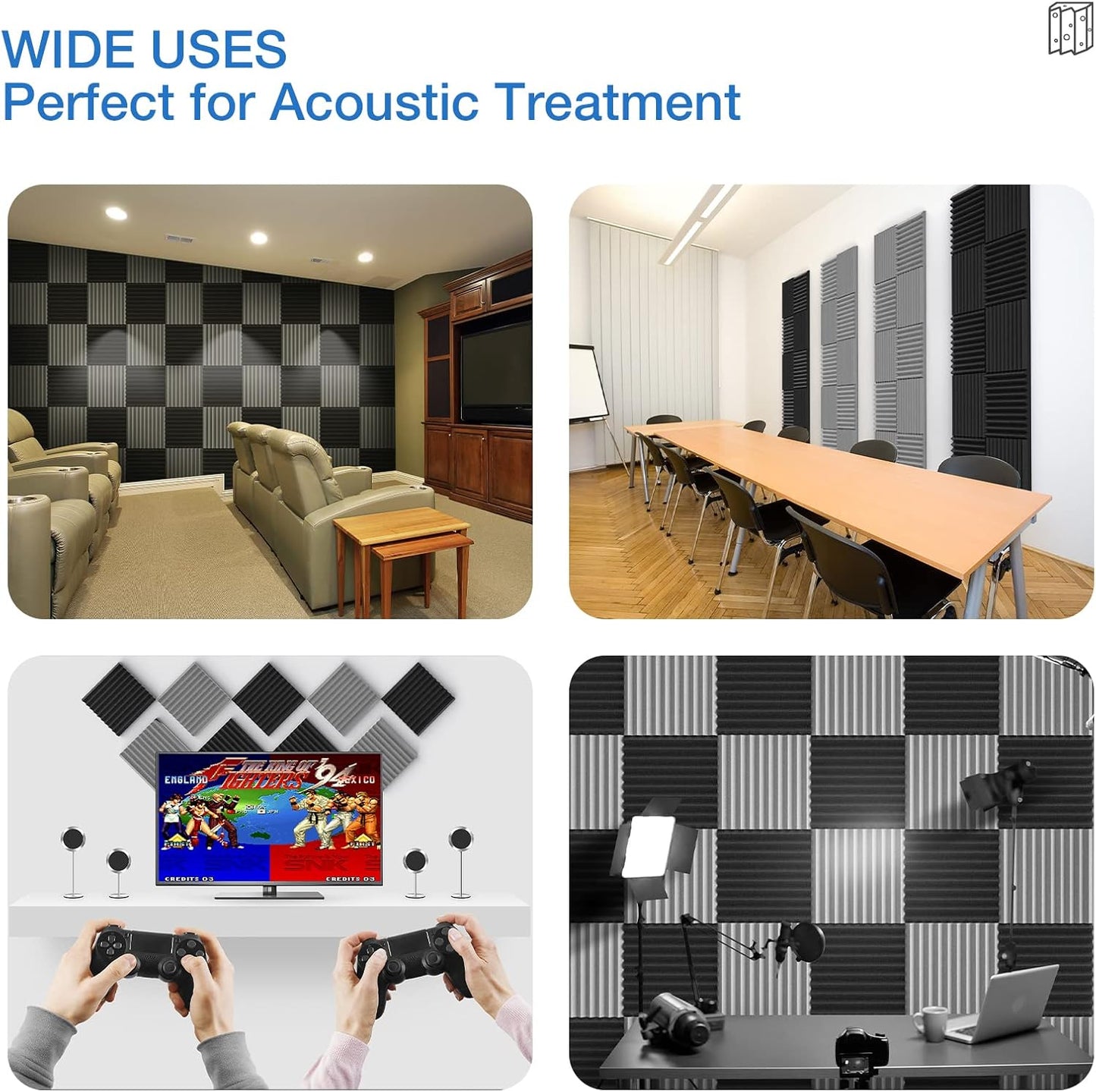 24 Pack Self-Adhesive Acoustic Panels - 2"X 12"X 12"Wall Panels - Quick-Recovery and High Density Sound Panels - Sound proof Acoustic Foam for Home Studio - Black and Gray