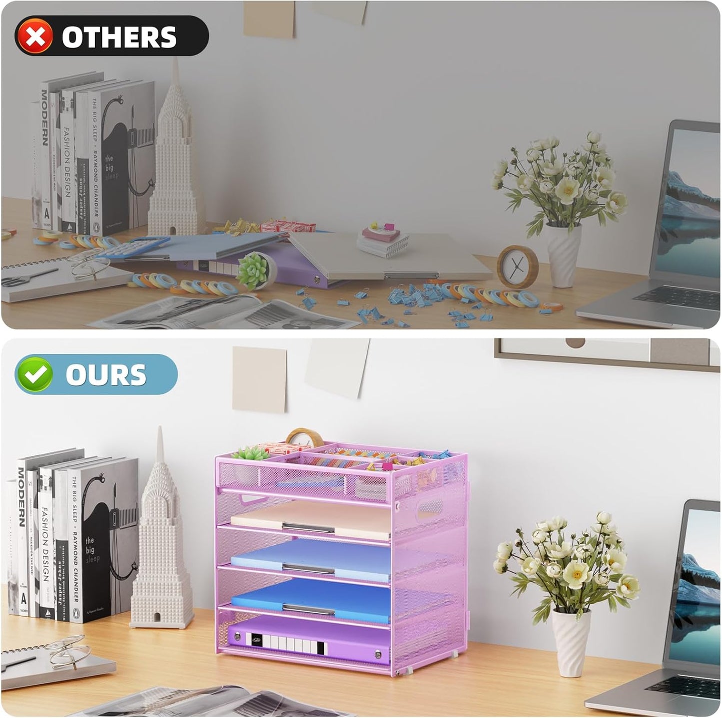 Marbrasse 5-Tier Letter Tray Paper Organizer with Handle, Multi-Functional Mesh File Organizer for Desk, Adjustable Compartments Mesh Desktop Storage for Office Supplies, Purple