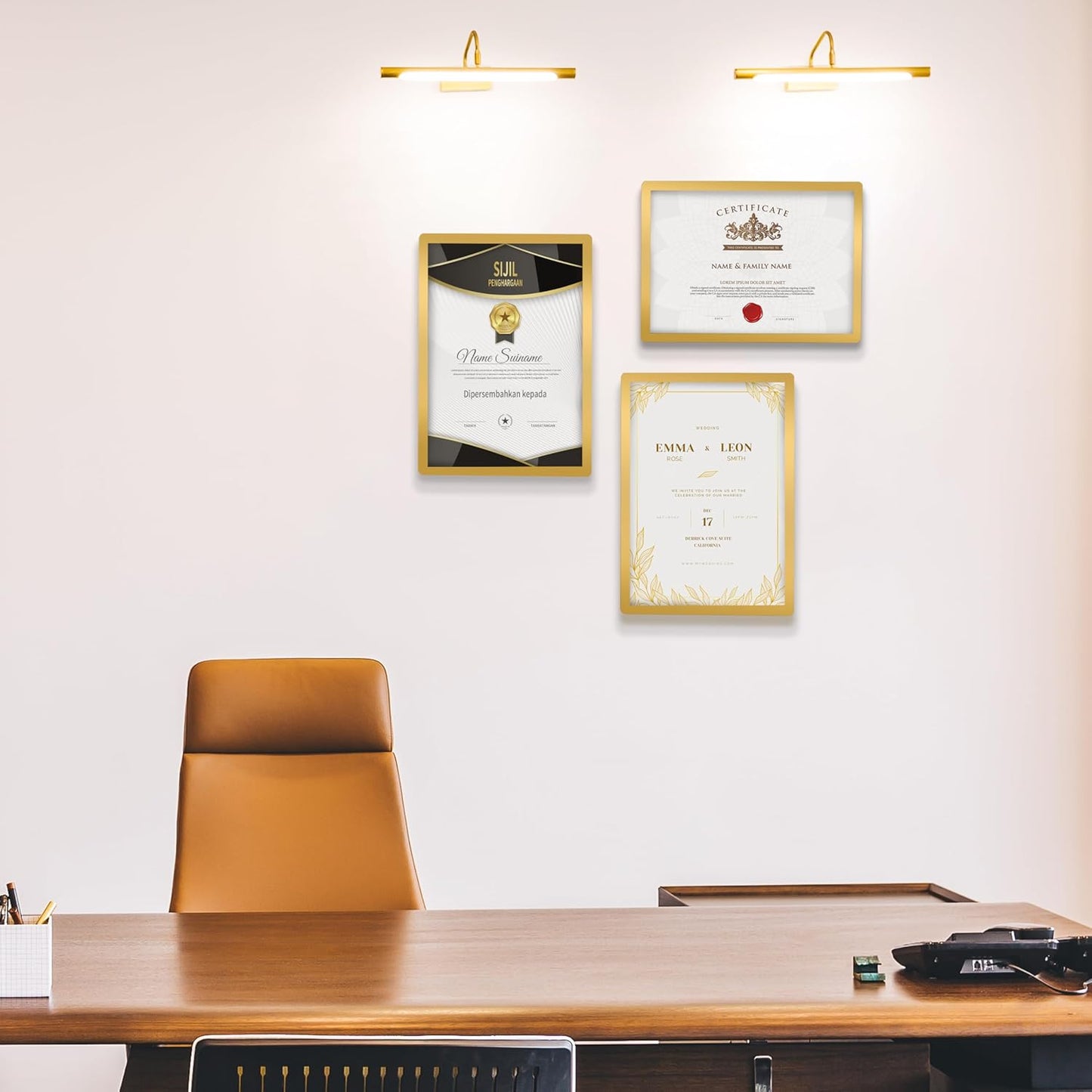 2 Pack 8.5"x11" Sign Holder Wall-mounted, Self-Adhesive Display Frame for College Certificate/Poster/Paper/Picture Office/Store/School Display Sign Holder with Horizontal and Vertical (Gold)