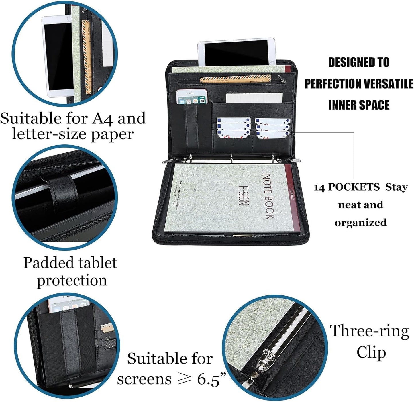 IVESIGN Zippered Padfolio Binder, Faux Leather Organizer with 3-Ring Binder, Left-Handed Design, Business Card Slots & Document Folders - Professional Padfolio for Office (Black)