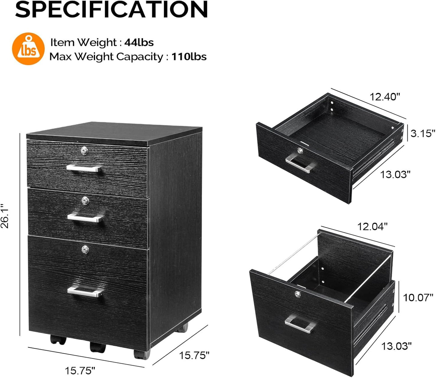 VINGLI 3-Drawer File Cabinet with Lock, Wood Rolling Filing Cabinets for Home Office, Mobile Printer Stand, Under Desk File Organizer for Letter Sized Files, 26" H(Caster Included), Black