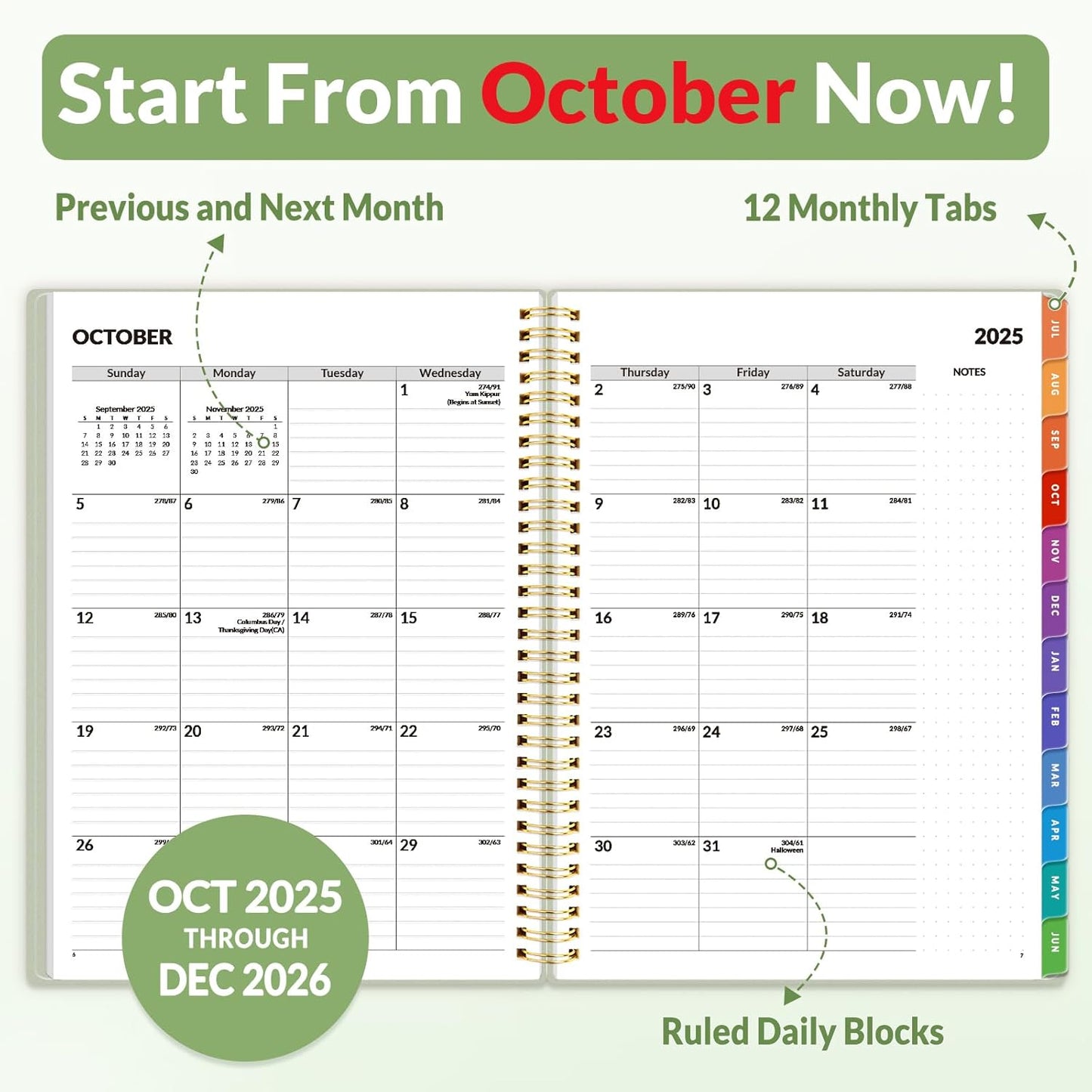 SUNEE 2026 Weekly and Monthly Planner - from January 2026 - December 2026, 8.5"x11" Daily Agenda Planner with Monthly Tab, Flexible Cover, Note Pages, Pockets, Bookmark, Spiral Binding, Sage Green