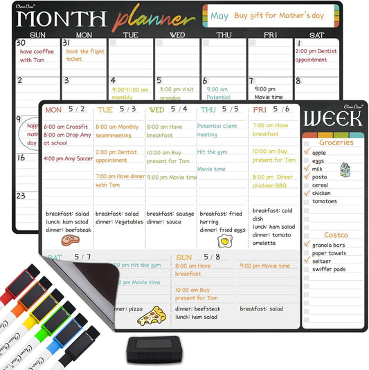 Magnetic Dry Erase Monthly and Weekly Calendar - 17"x12" Monthly and Weekly Whiteboard for Fridge - 6 Extra Fine Point Markers Included - Shipped Flat