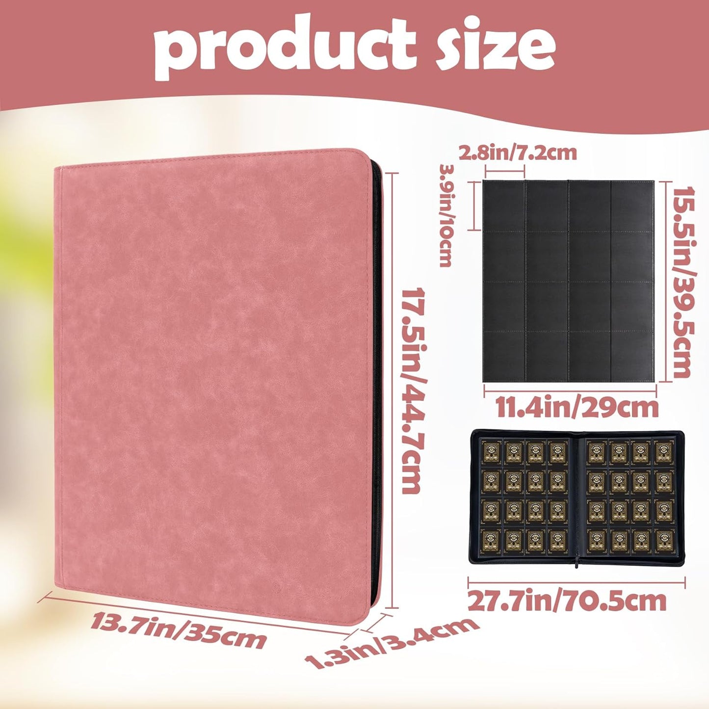 1000+ Pockets Trading Card Binder, 16 Pockets Trading Card Binder Ringless Side Loading Trading Card Album Folder for TCG,MTG,Sports Cards(Pink)