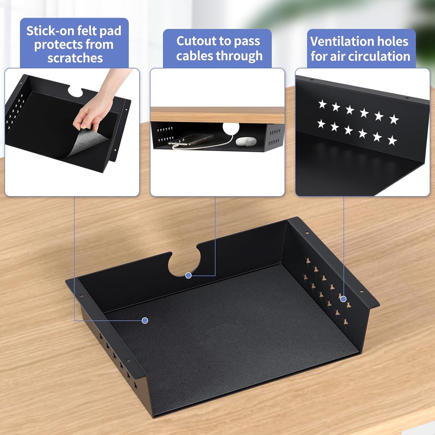 MOLIGOU Under Desk Storage Shelf, Under Desk Tray with Stick-On Felt Pad, Screw Mount Under Table Hidden Storage for Home Office, Kitchen Cabinet