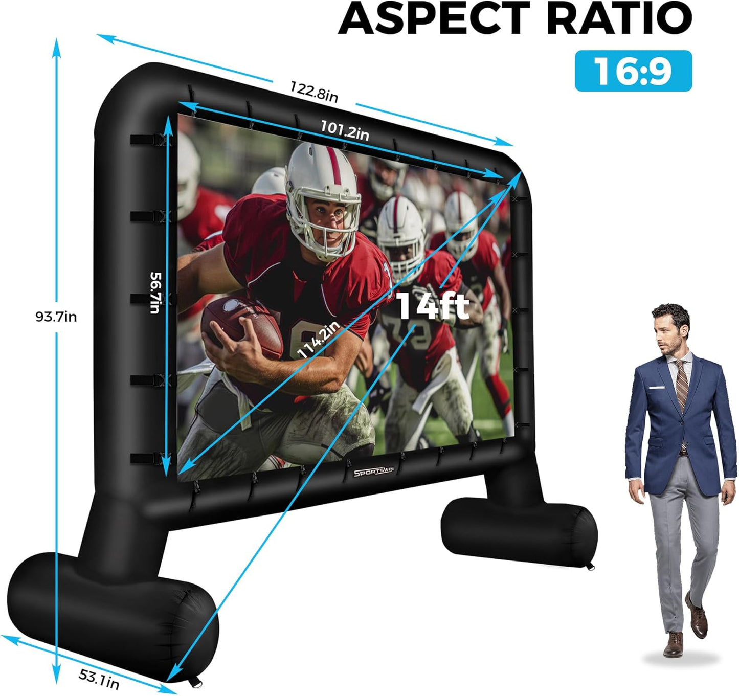 14 FT Inflatable Outdoor Movie Screen, Blow Up Projector Screen Outdoor with Air Blower, Movie Screens for Backyard with One Piece Design, Front & Rear Projection, Easy Set Up