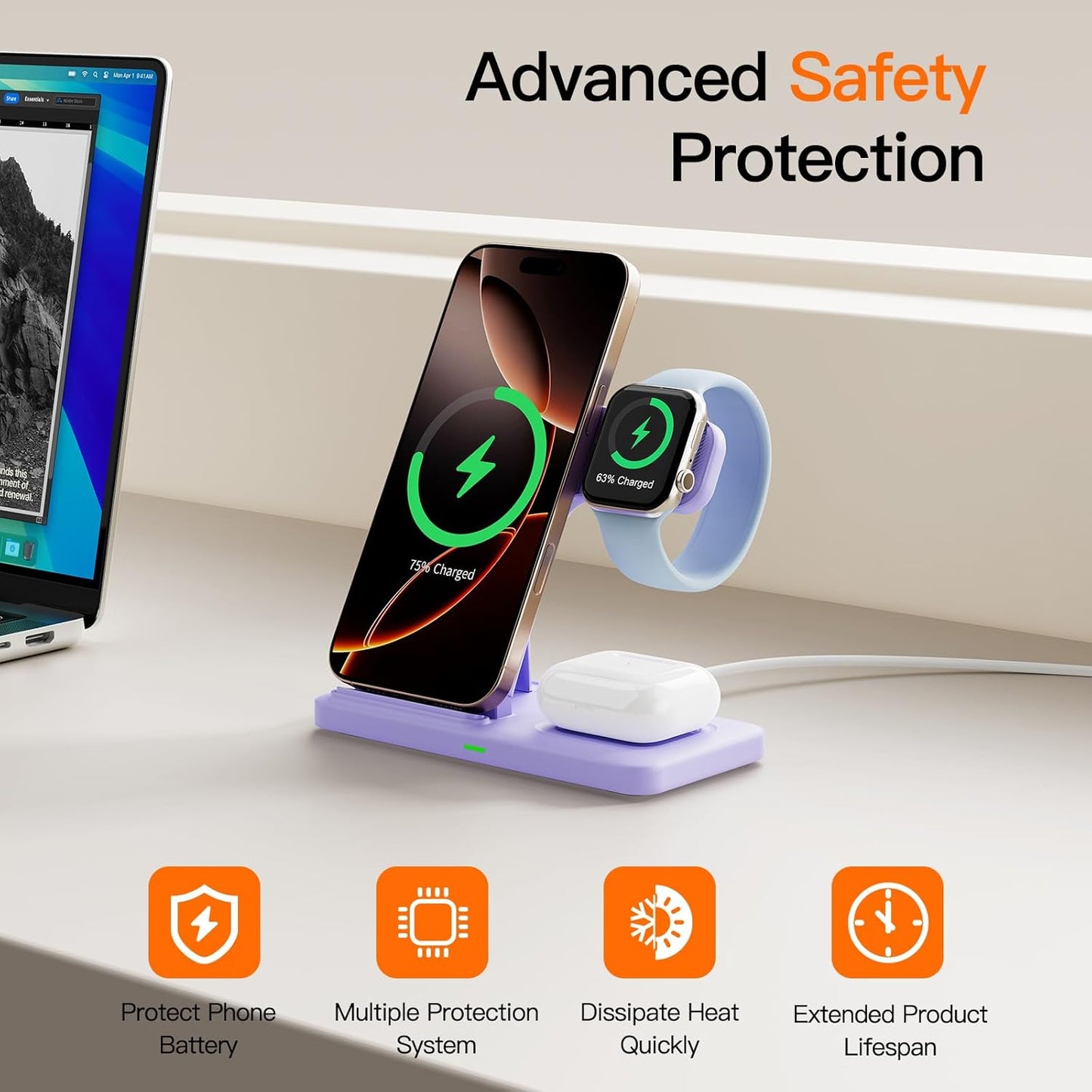 2025 3 in 1 Wireless Charger for iphone17 16 15 14 13 12 11 XR 8, Apple Charging Station for Apple Watch 10/9/Ultra/8/7/SE/6/5/4 & AirPods Series, Wireless Charging Station for Multiple Devices Apple