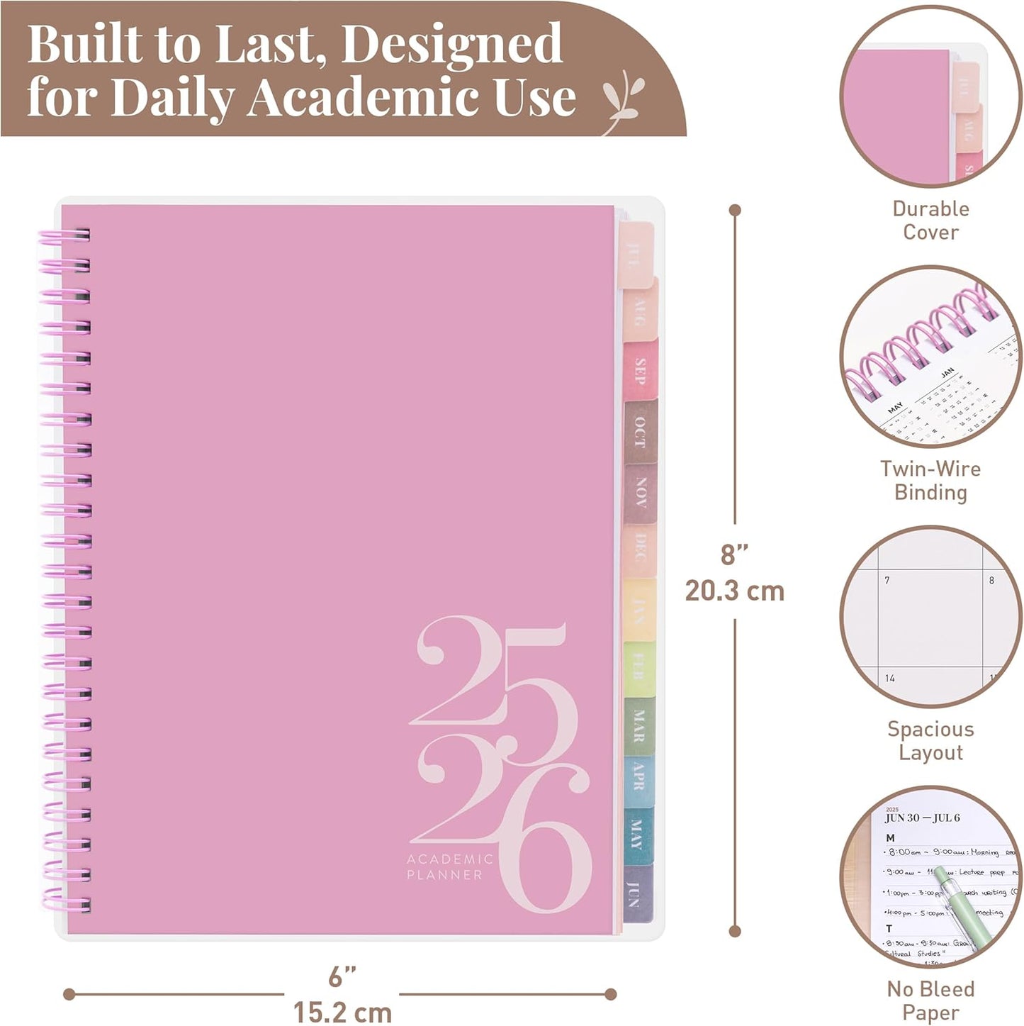 Rileys Academic Planner 2025-2026, Daily, Weekly & Monthly Planner, July 2025 - June 2026, Student Notes Pages, Twin-Wire Binding, Weekly Agenda for School & Work (8 x 6-Inches, Pink, Classic)