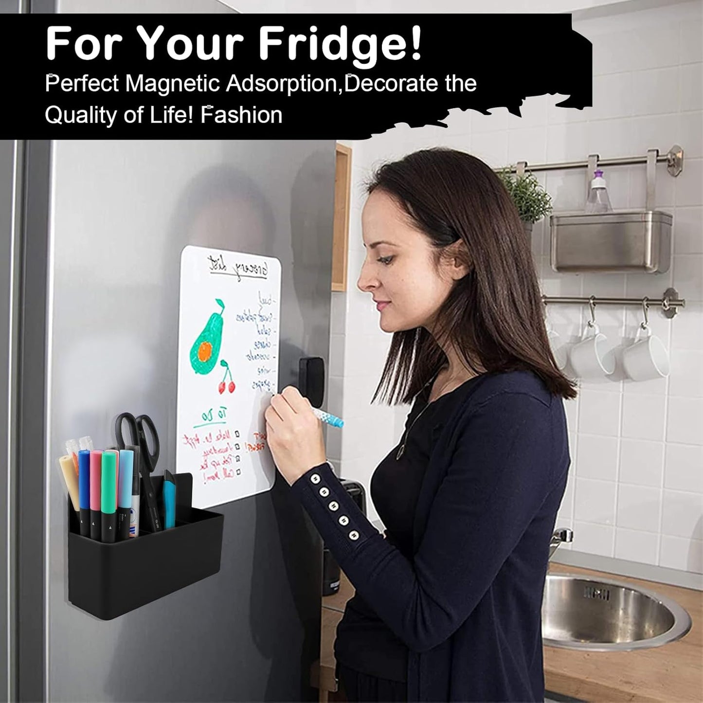 Magnetic Pen Holder,3 Compartments Magnetic Dry Erase Marker Holder,Extra Strong Magnet Storage Marker Pen Pencil Organizer for Refrigerator,Whiteboard,Locker Accessories(Long Style)