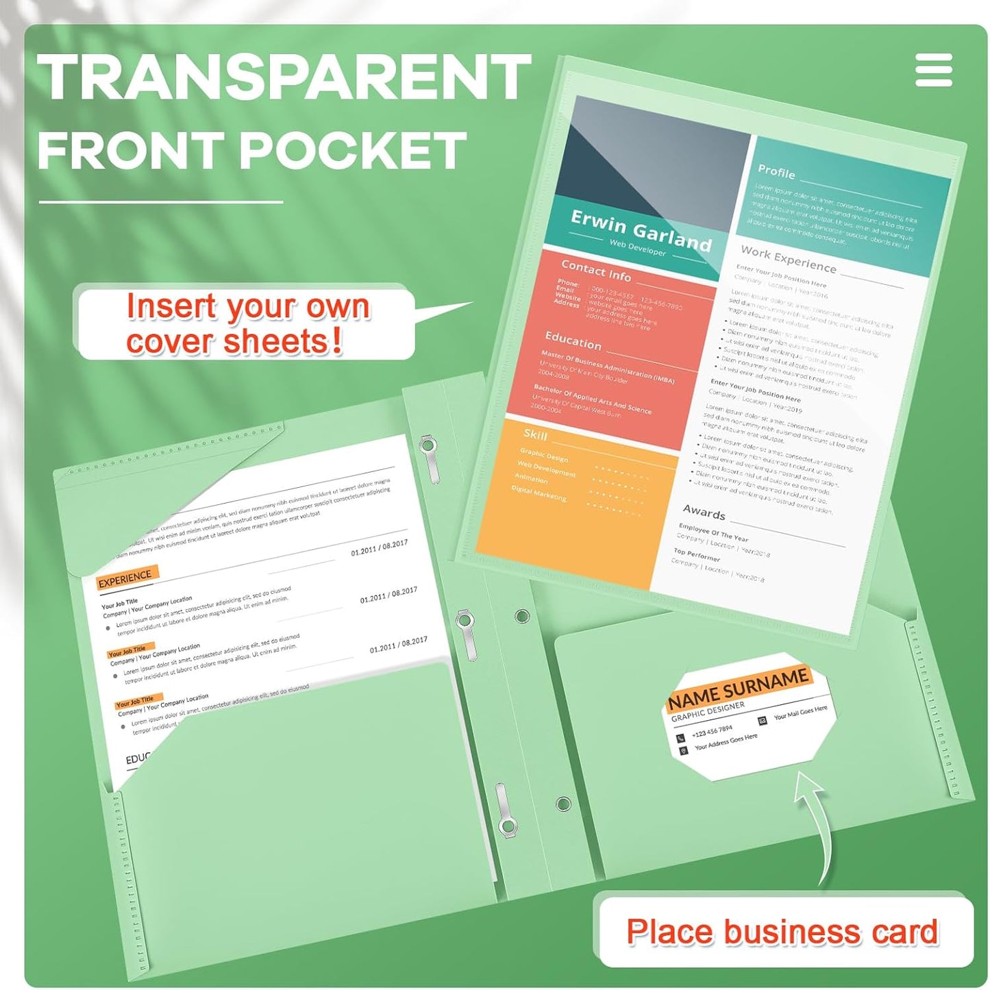 Henoyso 72 Pcs Plastic Folder with Clear Front Pocket and 3 Prong Plastic Folders with Card Slot Pocket Folders with Prongs for School Office (Light Green)