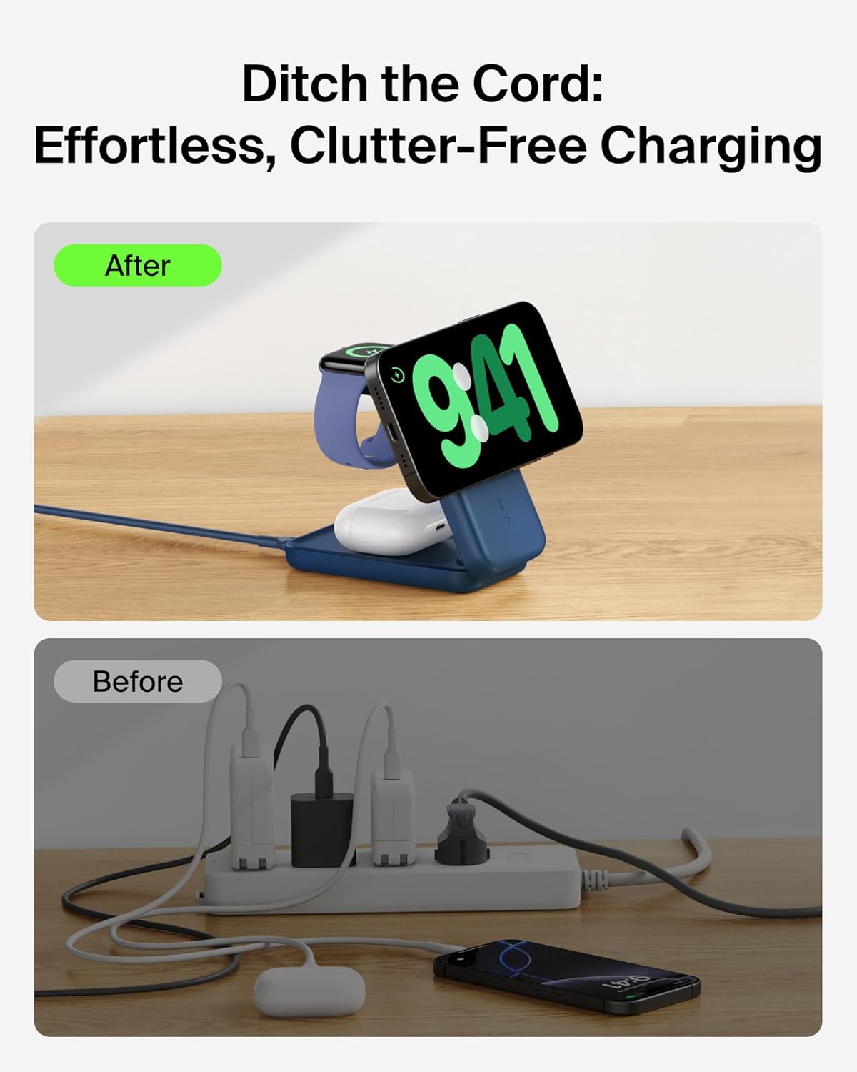 Belkin MagSafe Charger Compatible, 3-in-1 Charging Station, Qi2.2 25W Magnetic Wireless Charger Dock, Foldable Charging Stand for iPhone 17/16/15, Apple Watch, AirPods, Pixel 10 (45W Adapter Included)