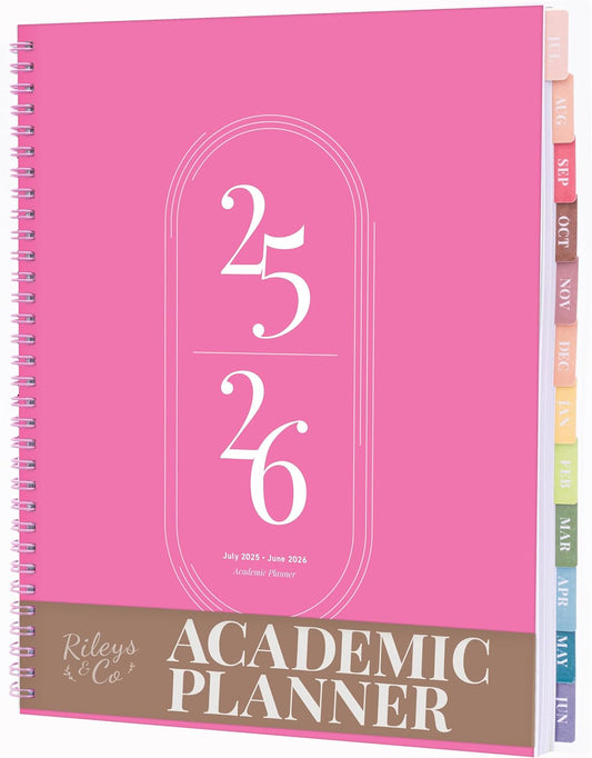 Rileys Academic Planner 2025-2026, Daily, Weekly & Monthly Planner, July 2025 - June 2026, Student Notes Pages, Twin-Wire Binding, Weekly Agenda for School & Work (8.5 x 11-Inches, Pink)