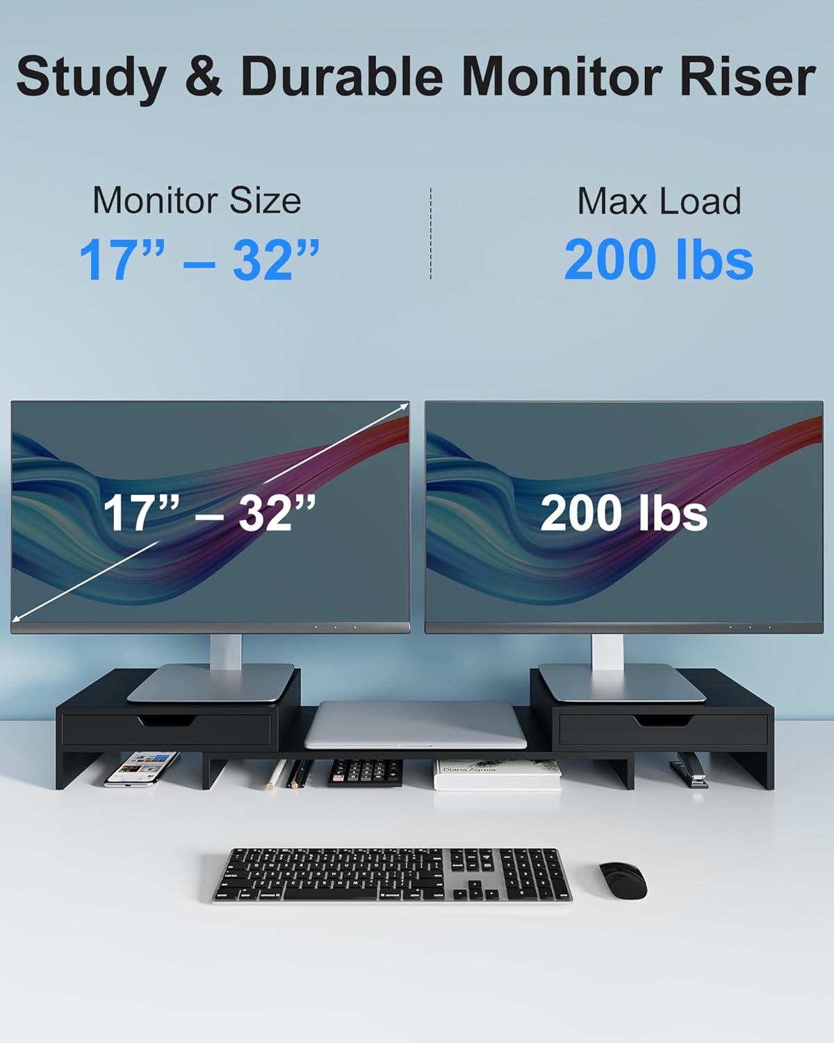 Dual Monitor Riser with Two Drawers for Desk, Bamboo Monitor Stand Riser with Storage, Desk Shelf for Computer, IMac & Laptop, No Assembly Required, Black