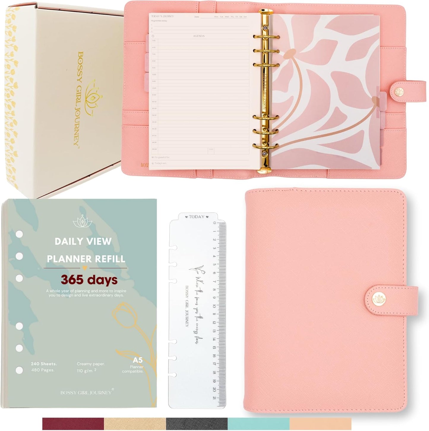 Bossy Girl Journey - A5 Daily Planner Binder – Undated Time Blocking Refillable Organizer for Women with 110gsm Paper, PU Leather Cover, Stickers, Dividers, Pen Loop, Gift Box – Goal Setting & Productivity (Rose)