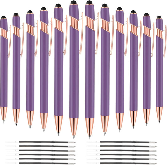 12 PCS 2 in 1 Stylus Ballpoint Pen with Stylus Tip, 1.0 mm Black Ink Metal Pen Stylus Pen for Touch Screens (Light Purple)