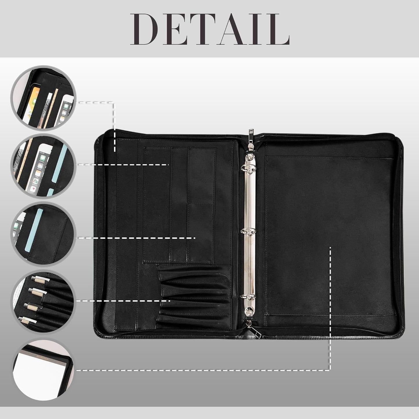 Padfolio with Zipper, Portfolio Binder, Leather Portfolio with Zipper for Men Women, Portfolio Organizer, Padfolio Business Resume A4/Pad, Black