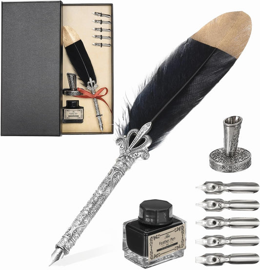 PATIKIL Feather Quill Pen Set, 1 Set Vintage Feather Calligraphy Pen Fountain Dip Pen Set with Ink, Pen Holder and Replacement Nibs for Beginner Writer Writing Gift, Black