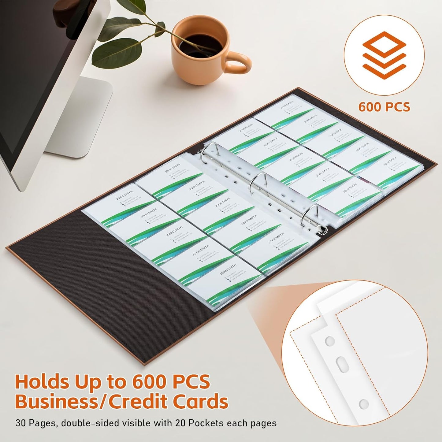 BYSTER A4 Business Card Holder Organizer, PU Leather Card Binder with 30 Pack Sleeves (600 Pockets), Card Holder Book for Credit Cards, Membership Cards, and More - Brown