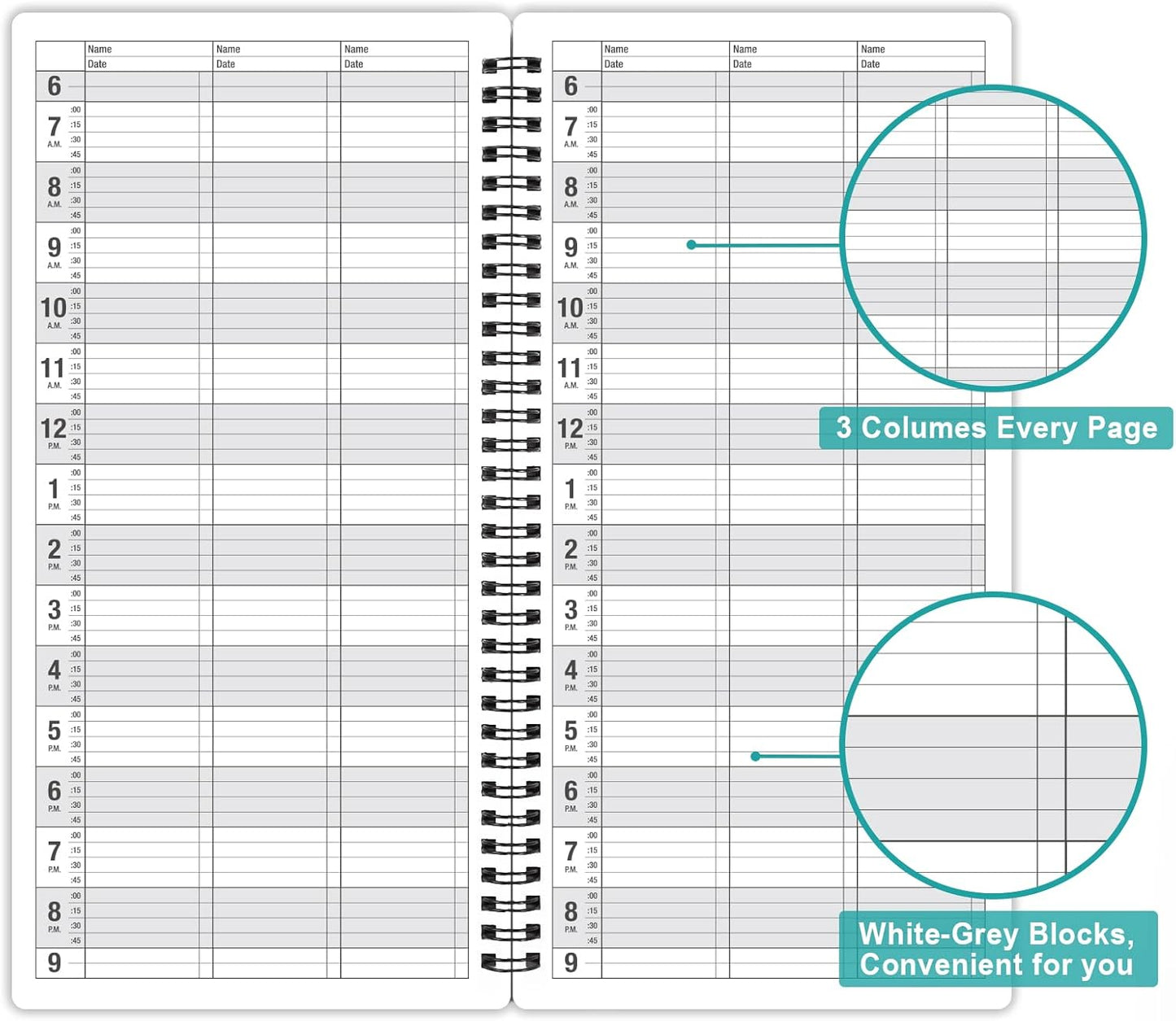 Appointment Book – Undated Salon Appointment Book, Daily＆Hourly Schedule Book with 200 Pages, 6 AM - 9 PM, 15 Minute Intervals Day Planner, 6’’ x 11.5’’, 3 Column, Twin-Wire Binding, Hardcover
