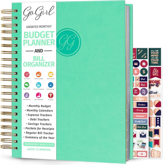 GoGirl Budget Planner & Monthly Bill Organizer – Monthly Financial Book with Pockets. Expense Tracker Notebook Journal, Large (Mint Green)