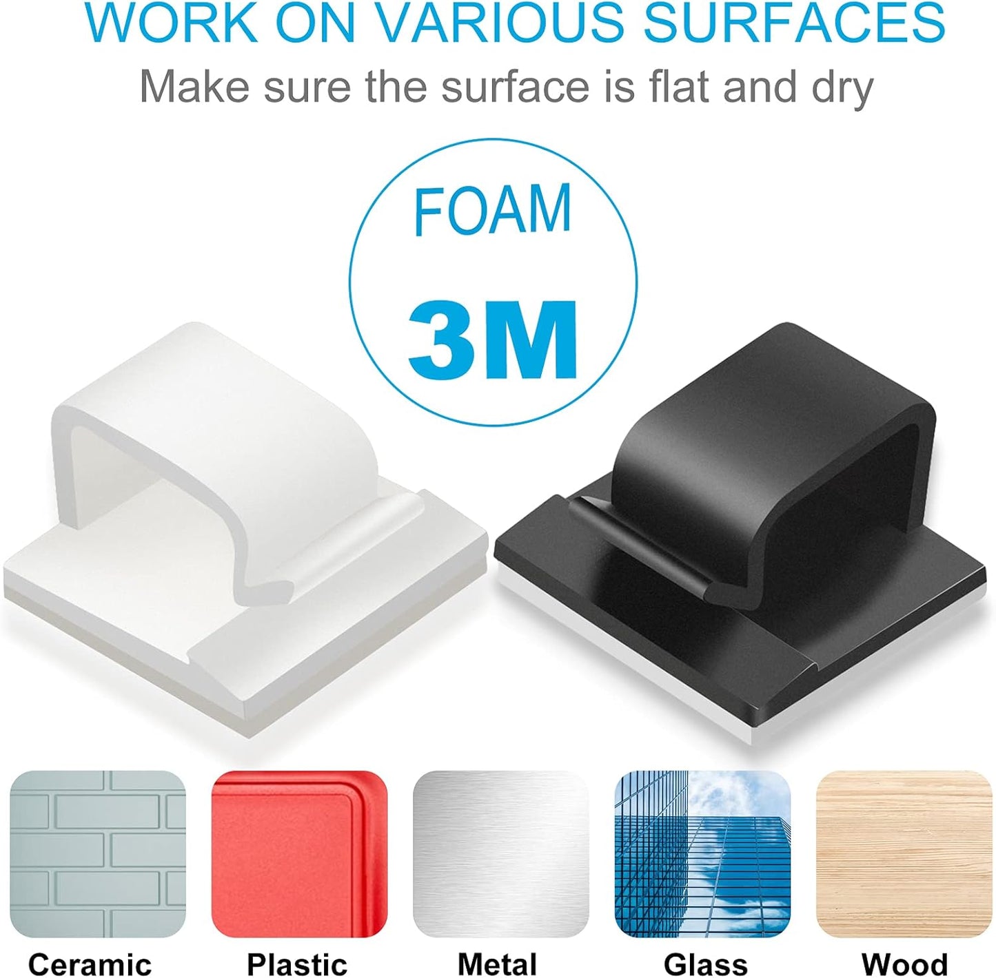 100 PCS Adhesive Cable Clips (Small, White&Black), Upgraded Wall Wire Holder Cord Organizer for Cable Management Under Desk, Light Clips Hooks for LED, Car Dash Cam, USB Cable