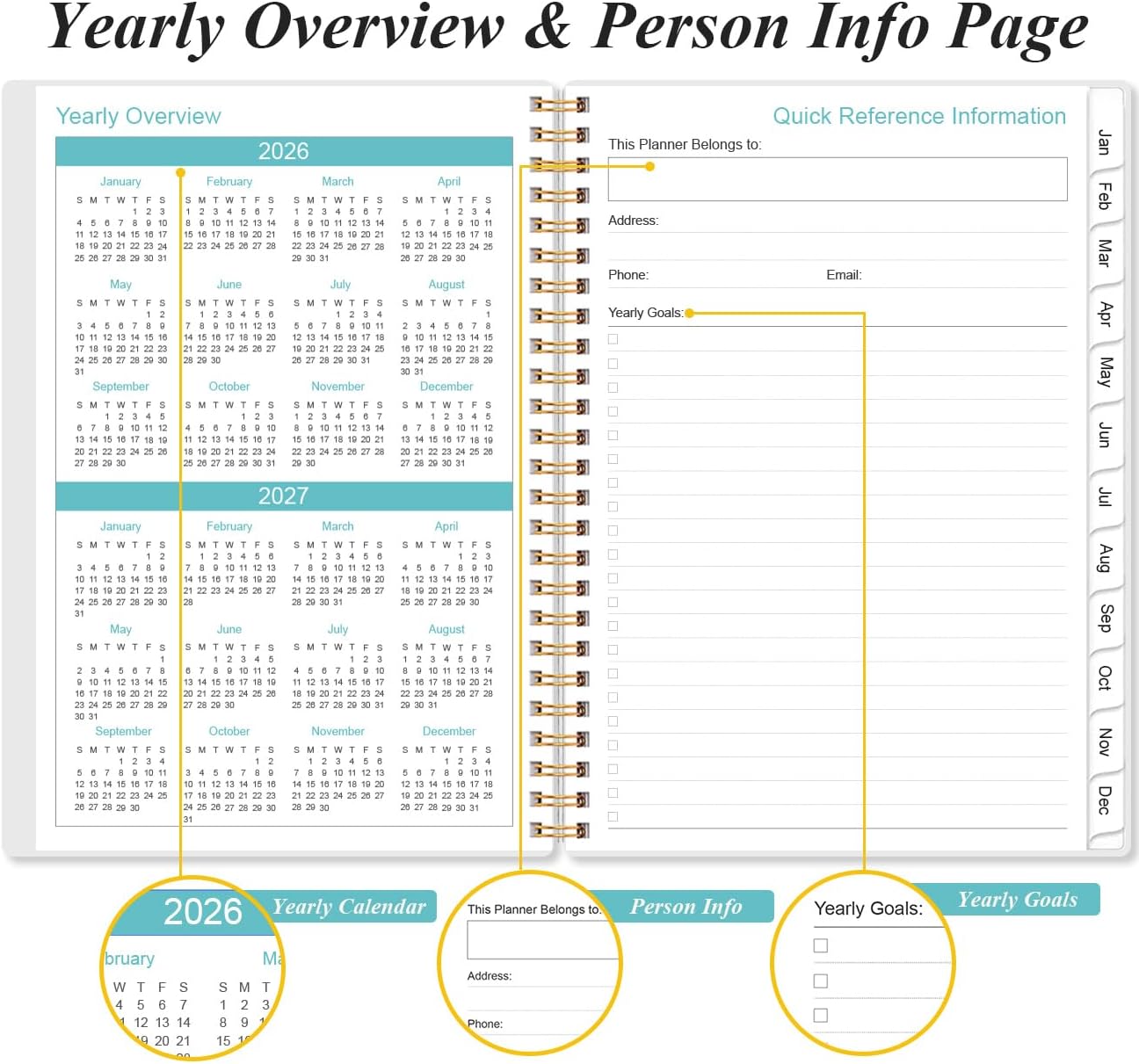 2026 Planner - Planner 2026 from January 2026 - December 2026, Weekly & Monthly Planner Spiral Bound with 12 Monthly Tabs, Inner Pocket, 6.4" x 8.5", Snowman
