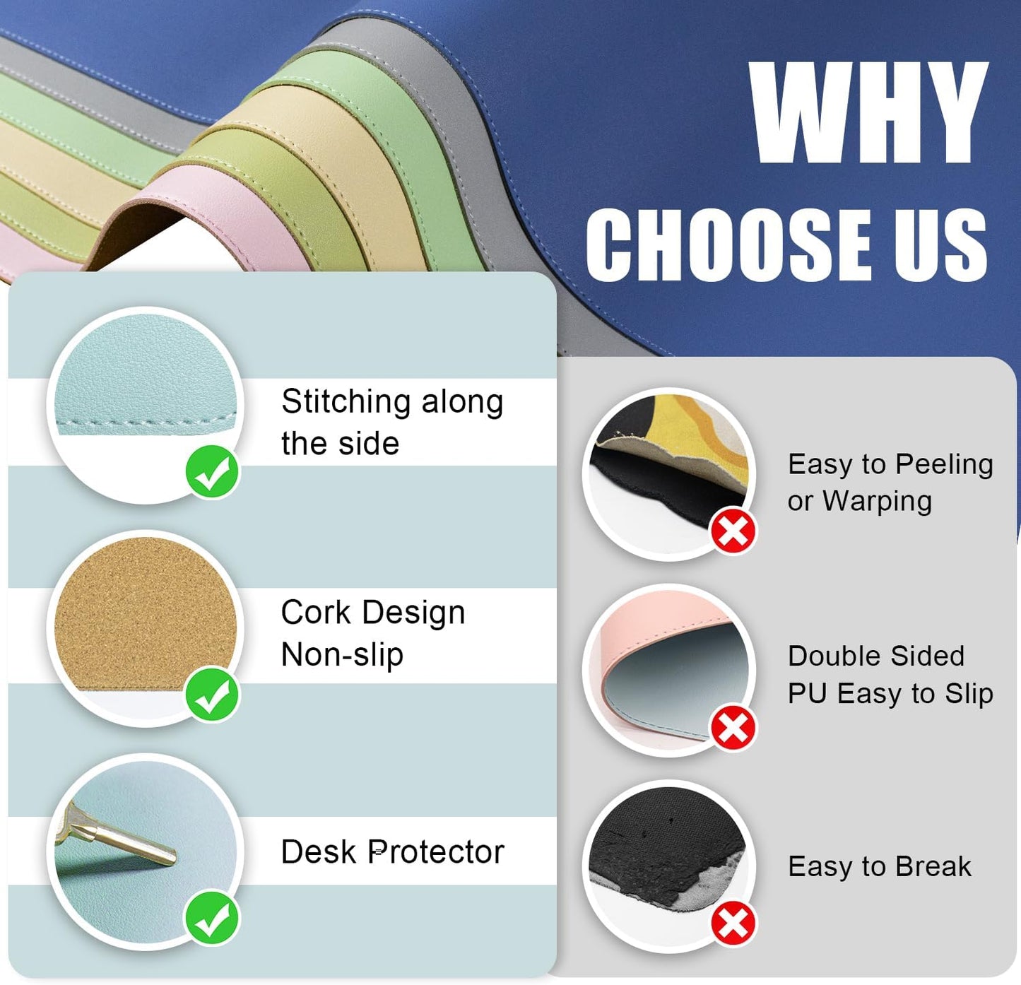 Large Leather Desk Pad Protector, 47.2'' x 23.6'', Office/Home/Decor - Light Blue