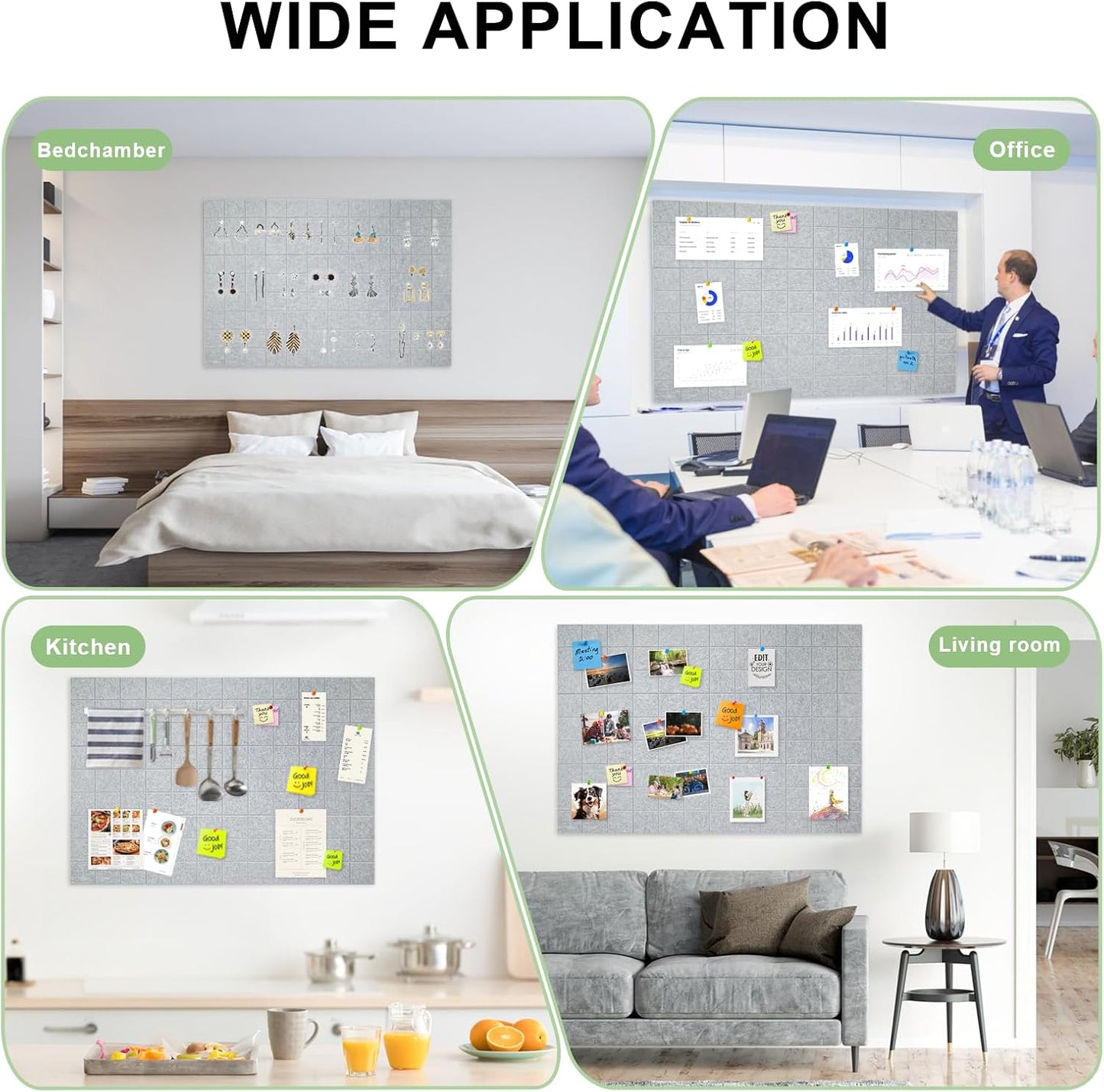 12 Pack Large Cork Board for Walls, 48" X 36" Felt Bulletin Board Tiles with 48 Safe Removable Adhesive Tabs & 60 Push Pin Board Decorative Cork Board Tack Board Wall Organizer for Office - Grey