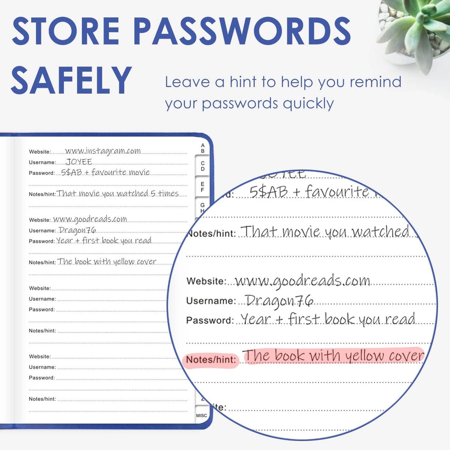 Elegant Password Book with Alphabetical Tabs - Hardcover Password Book for Internet Website Address Login - 5.2" x 7.6" Password Keeper and Organizer w/Notes Section & Back Pocket（Royal Blue）