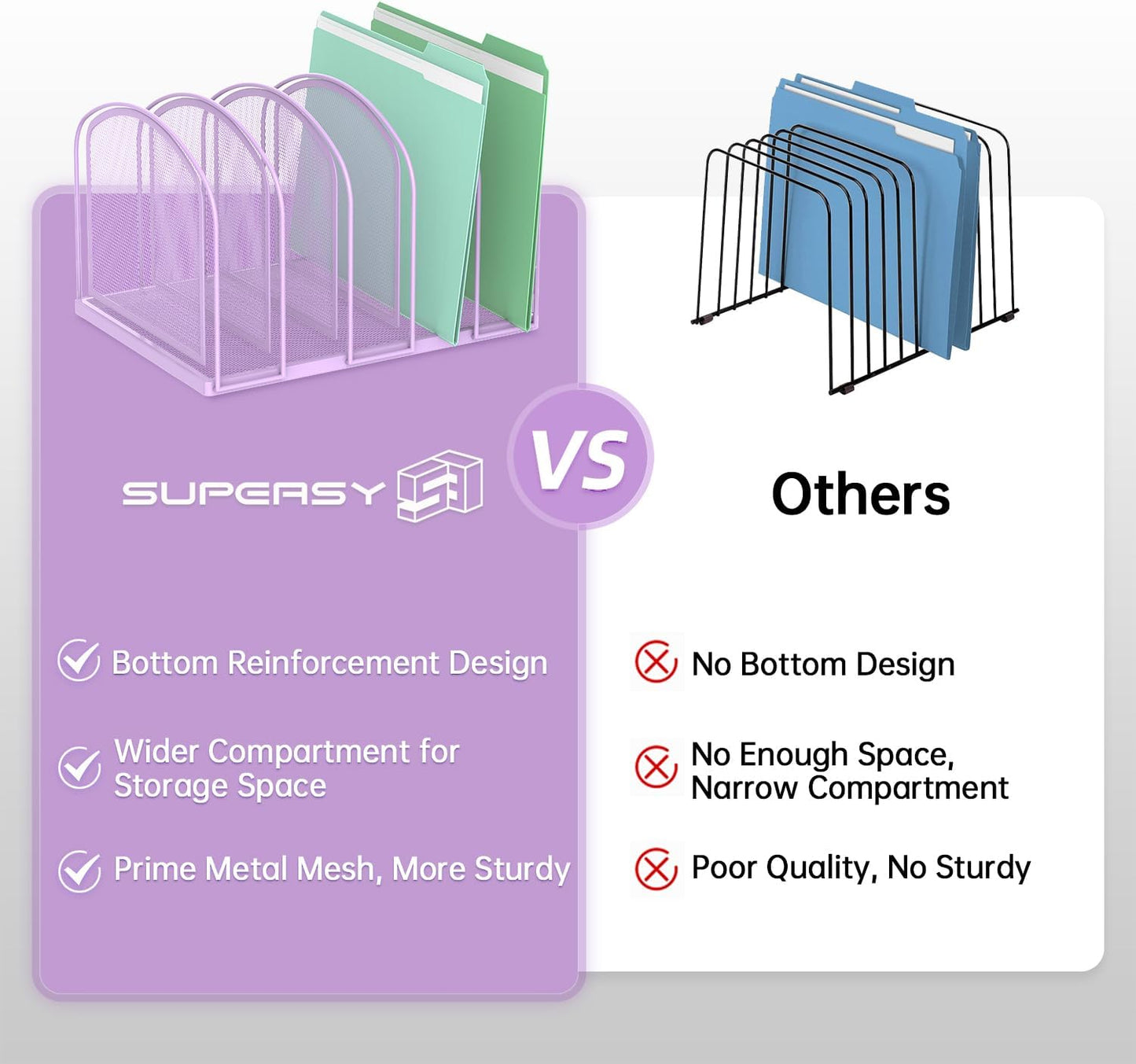 SUPEASY File Organizer 5-Section Mesh Desk Organizer, Upright File Organizer Desktop Organizer File Sorter, File Folder Holder for Office Supplies, Purple