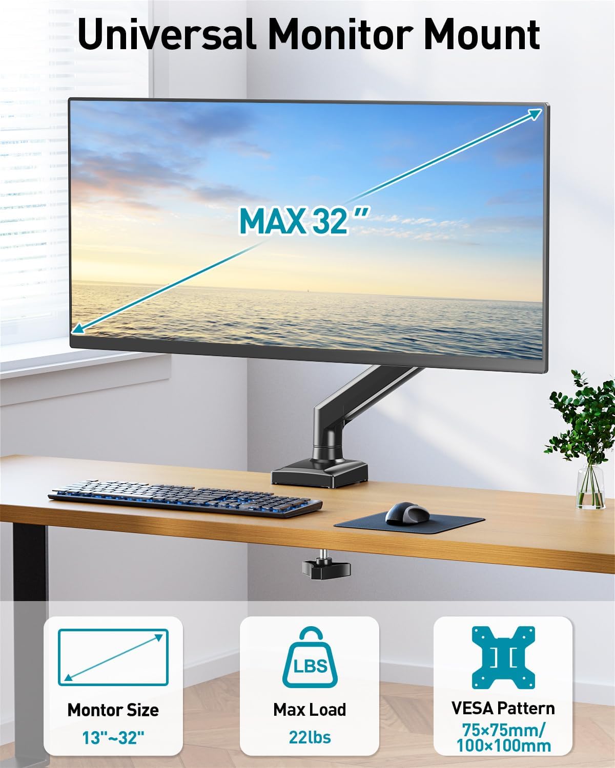 Single Monitor Arm Desk Mount Fits 13 to 32 inch Computer Screens, Holds 4.4 to 22lbs Display VESA Mount, Adjustable Monitor Stand with Clamp/Grommet Mounting Base, 75/100mm Bracket, Black, Freelift