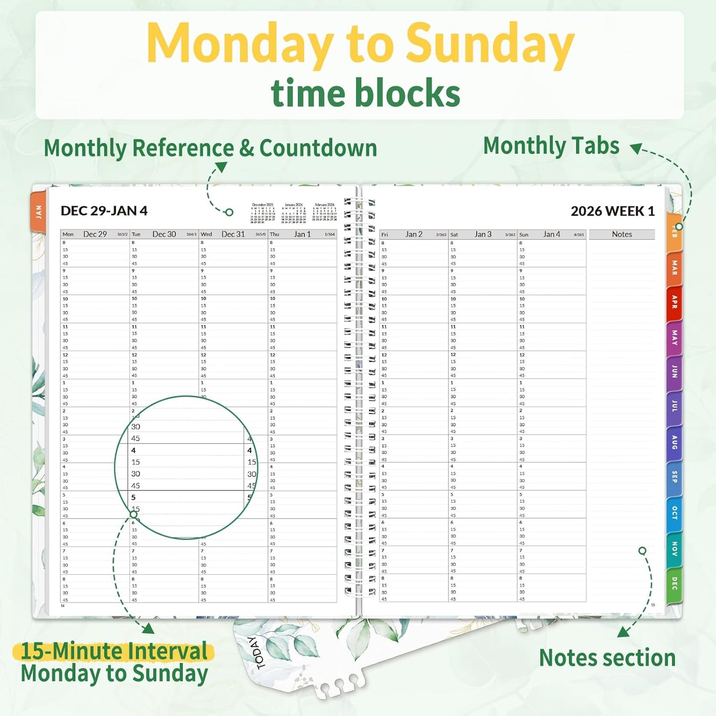 SUNEE 2026 Appointment Planner 15-Minute Time Block – Weekly & Monthly Spiral Organizer with Note Section – Thick Paper, Lay-Flat Bound – 8.5 x 11 for Office, School, Salon, Men & Women, Greenery