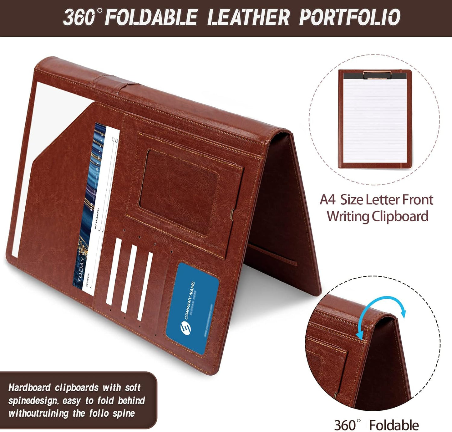 Brown Leather Portfolio Organizer Clipboard Storage Folio Padfolio for Men Notepad Notebooks for Work
