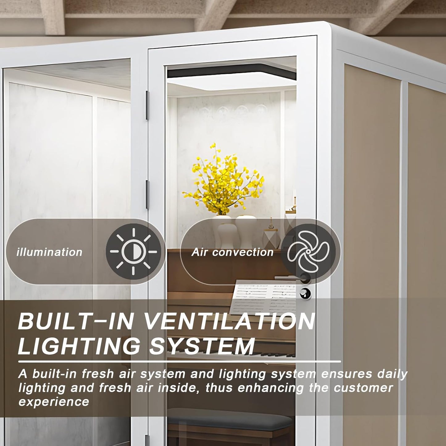 Office Sound Booth with Audio Privacy - Soundproof Booth Includes White with Wood Grain Side Trim,Soundproof Room with Light,Fans, Socket for Piano Room,Negotiation Room (70.86IN)
