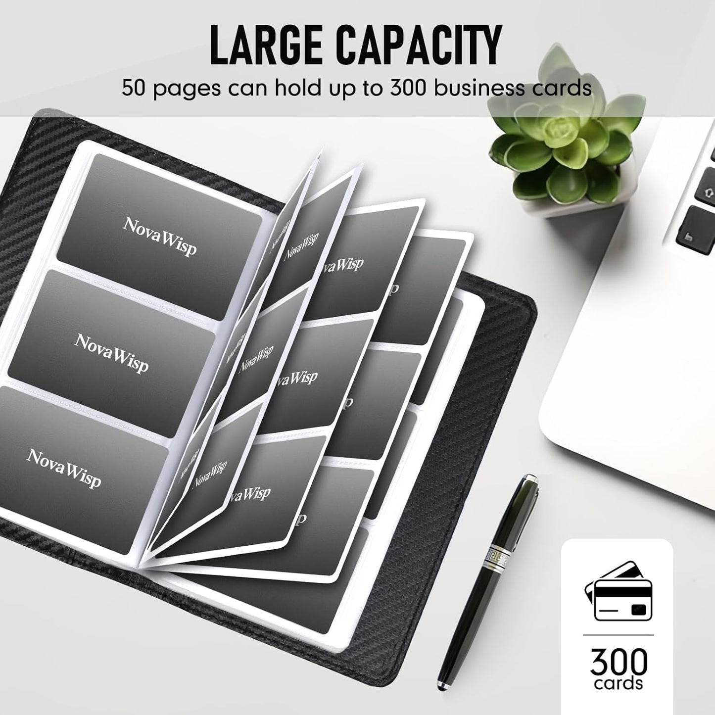 300 Business Cards Holder, 50 Pages Gift Card Holder, Professional PU Leather Credit Cards Organizer Wallet, Portable Name Card Booklet Folder Sleeves, Men Women & Office Supplies, Carbon Fiber Black
