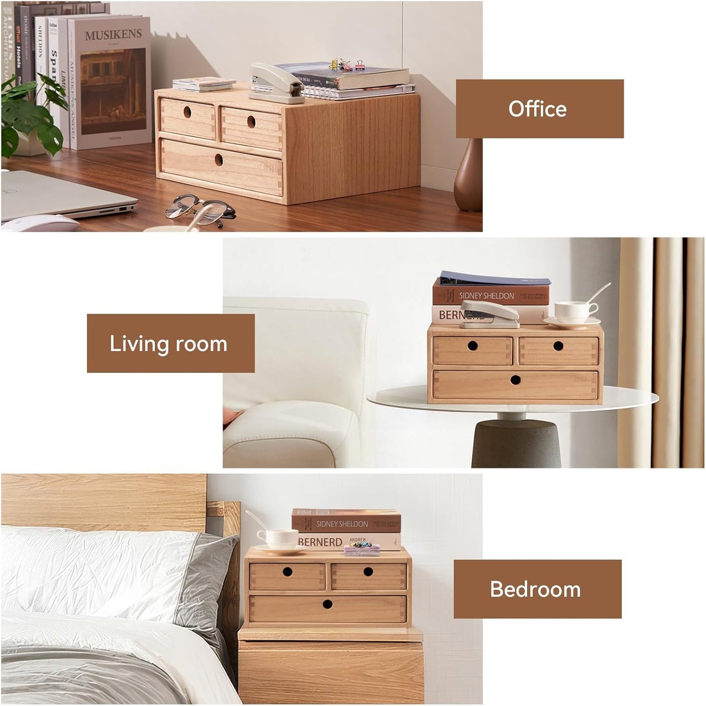 Kirigen Natural Wooden Desktop Organizer - Office Supplies Filing Tidy Storage Shelf - Storage Cabinet/Jewelry Organizer with 3 Drawers (NA, 2-Layer &3 Drawers)