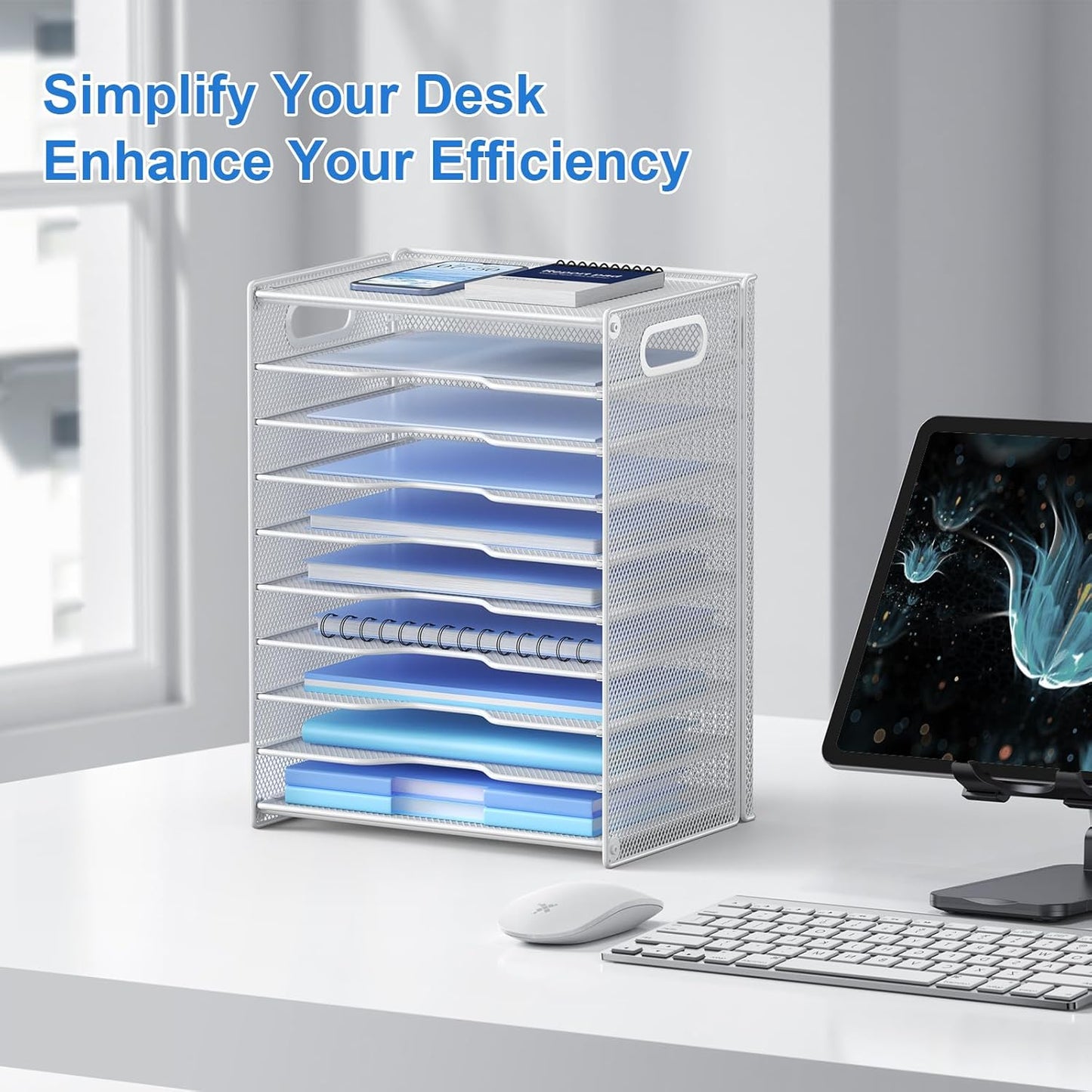 OUTWOLF 10 Tier Paper Organizer - Letter Tray Mesh Desk File Organizer with Handles for Office School Desktop, White