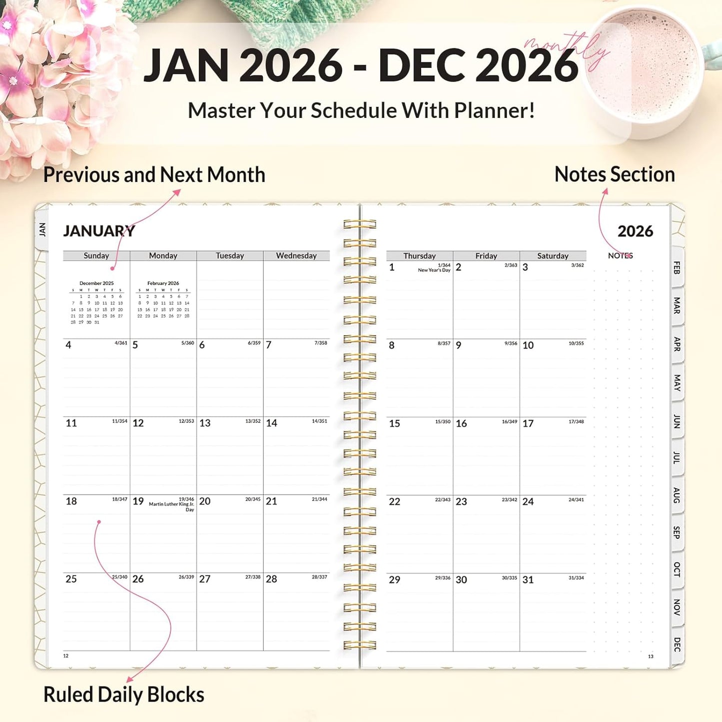 SUNEE Planner 2026 Weekly and Monthly, January 2026-December 2026, 6.4"x8.3", Tabs, Note Pages,Spiral Binding, Watercolor Flowers