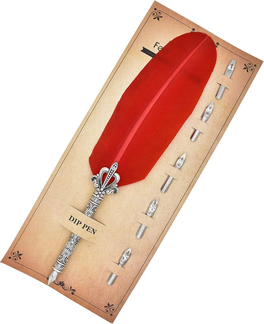 Gullor Calligraphy Feather Quill Pen and 5 Calligraphy Nibs for Beginners Kids Calligraphy Writing Quill Dip Pen Set, Red