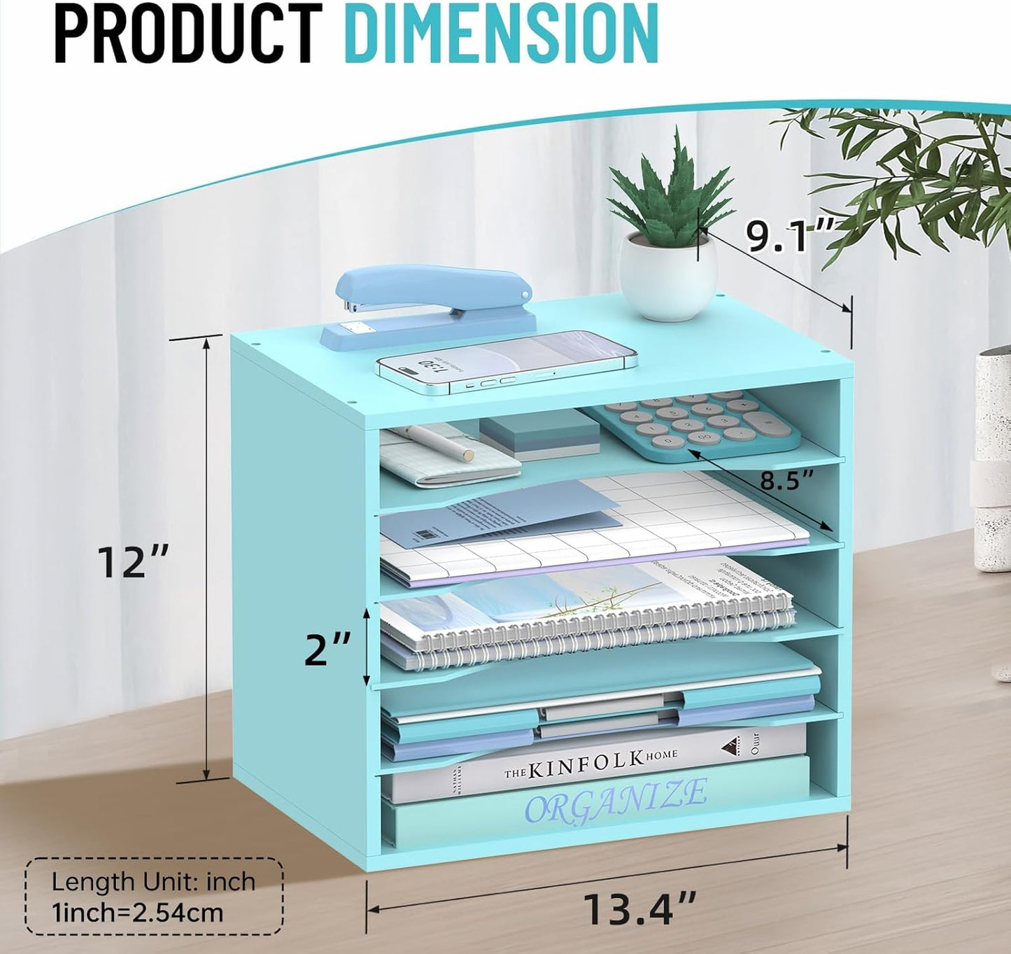 5-Tier Wood Desk Organizer, Paper Tray Organizer for Desk with Adjustable Storage Shelves, Desktop Paper Sorter Mail Holder for Office Home Classroom, Blue