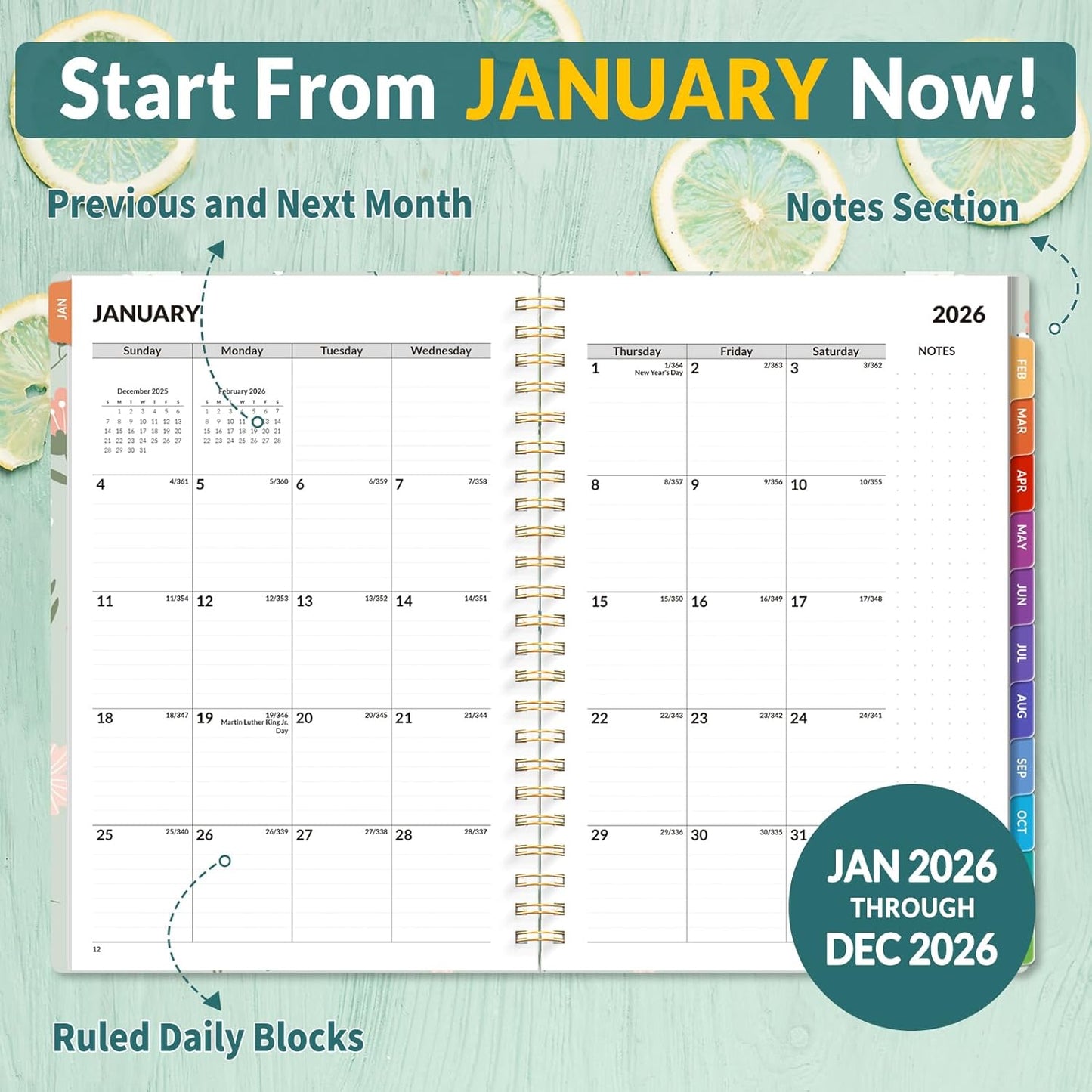 SUNEE 2026 Appointment Book, Quarter-Hourly, Weekly & Monthly - from January 2026 - December 2026, 6.4"x8.3" Weekly Planner, Flexible Cover, Note Pages, Pockets, Bookmark, Green Wildflowers