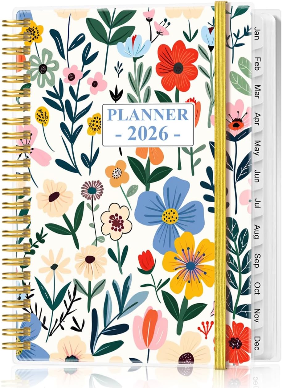 2026 Planner - Planner 2026 from January 2026 - December 2026, Weekly & Monthly Planner Spiral Bound with 12 Monthly Tabs, Inner Pocket, 6.4" x 8.5", Flower-B