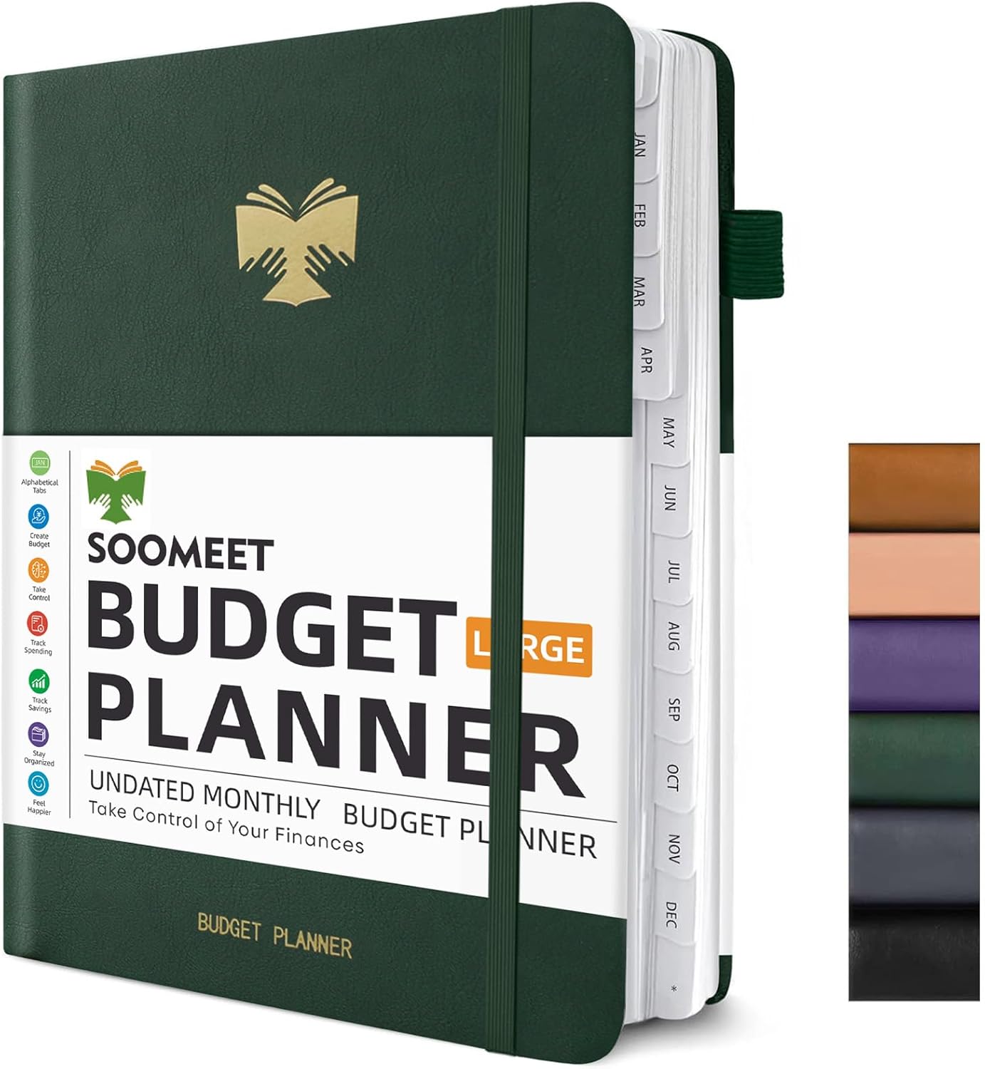 Budget Planner with Monthly Tabs - 7" x 10" Hardcover Budget Book, Monthly Bill Organizer with Pockets, Undated Finance Planner with Expense Tracker Notebook to Take Control Your Money-Dark Green
