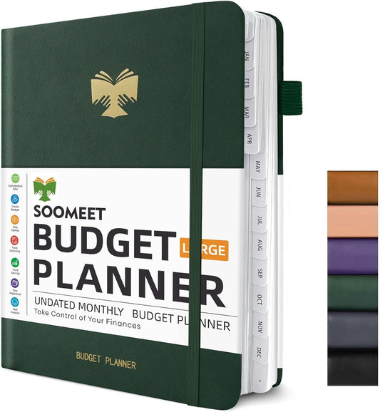 Budget Planner with Monthly Tabs - 7" x 10" Hardcover Budget Book, Monthly Bill Organizer with Pockets, Undated Finance Planner with Expense Tracker Notebook to Take Control Your Money-Dark Green