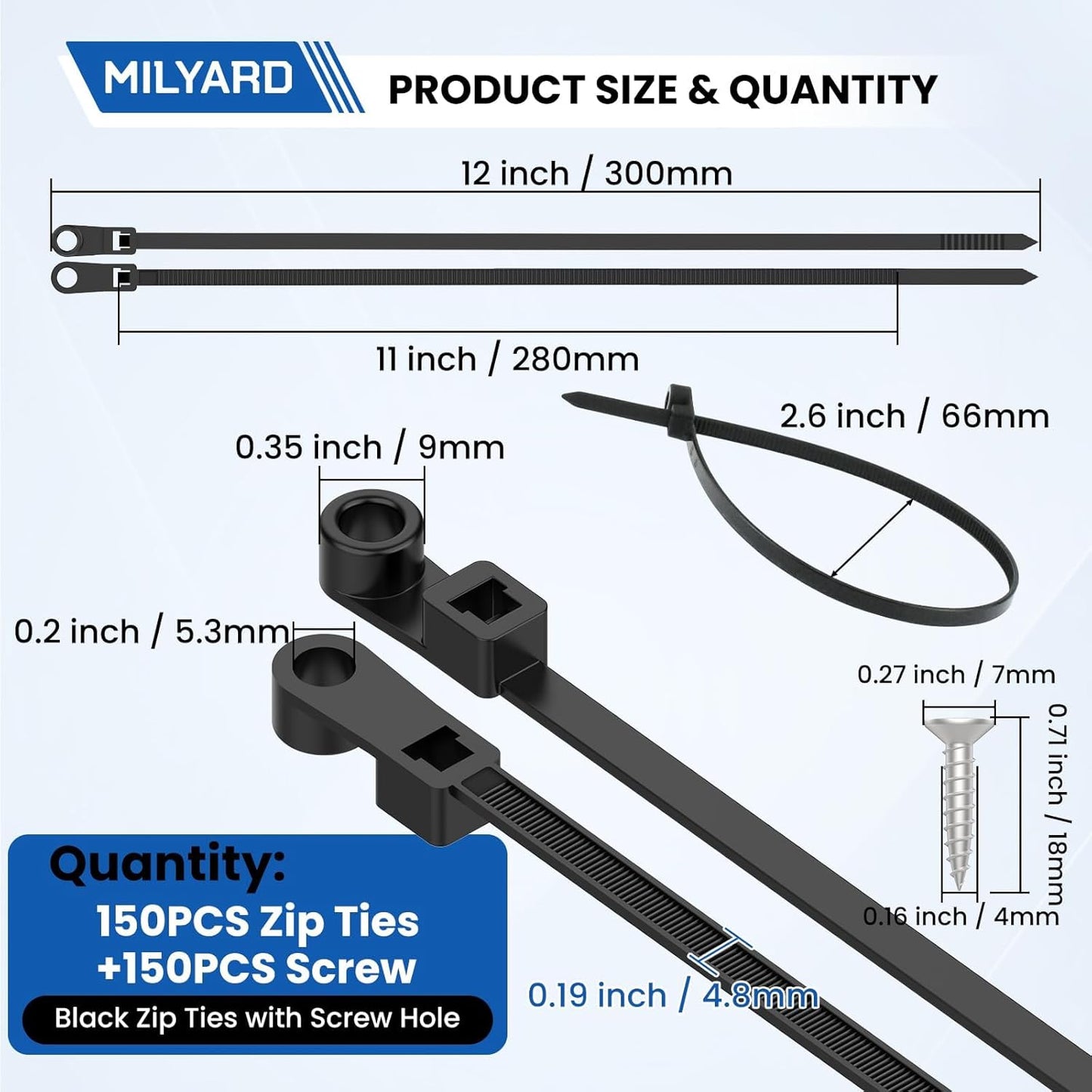 150 Pcs 12 inch Zip Ties with Screw Hole + 150 Pcs Screws, 50LBS Black Plastic Ties with Screw Holes and Mounting Screws for Automotive, Fencing & Outdoor Wire Management